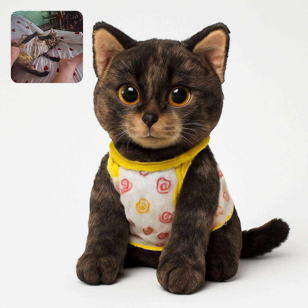 A playful tabby cat is being dressed in a cute outfit while lying on a heart-patterned bedspread. The scene captures a cozy indoor moment with a person's leg and hands visible, adding a warm, homey vibe.