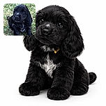 A fluffy black puppy with a tiny white patch on its chest sits adorably on a bed of green grass, looking up with curious, shiny eyes as if plotting its next playful adventure.
