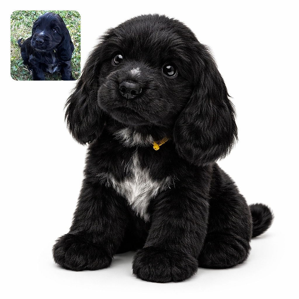 A fluffy black puppy with a tiny white patch on its chest sits adorably on a bed of green grass, looking up with curious, shiny eyes as if plotting its next playful adventure.