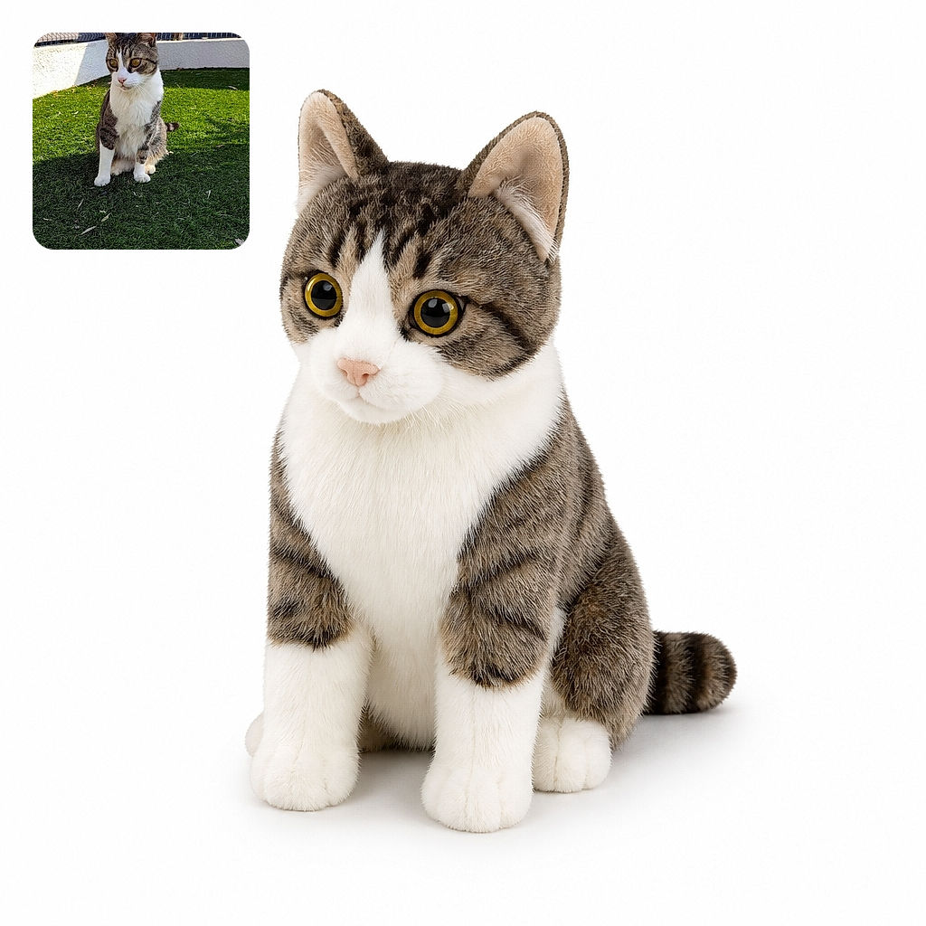 A dignified tabby-and-white cat sits upright on the lawn like a tiny backyard security guard, carefully inspecting the scene while the fence and sunshine frame its official patrol post.