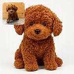A fluffy brown puppy with big, soulful eyes is captured mid-step on a wooden floor against a warm wooden wall background. The soft focus and close-up perspective highlight the puppy's curly fur and adorable expression, creating a cozy and heartwarming scene.