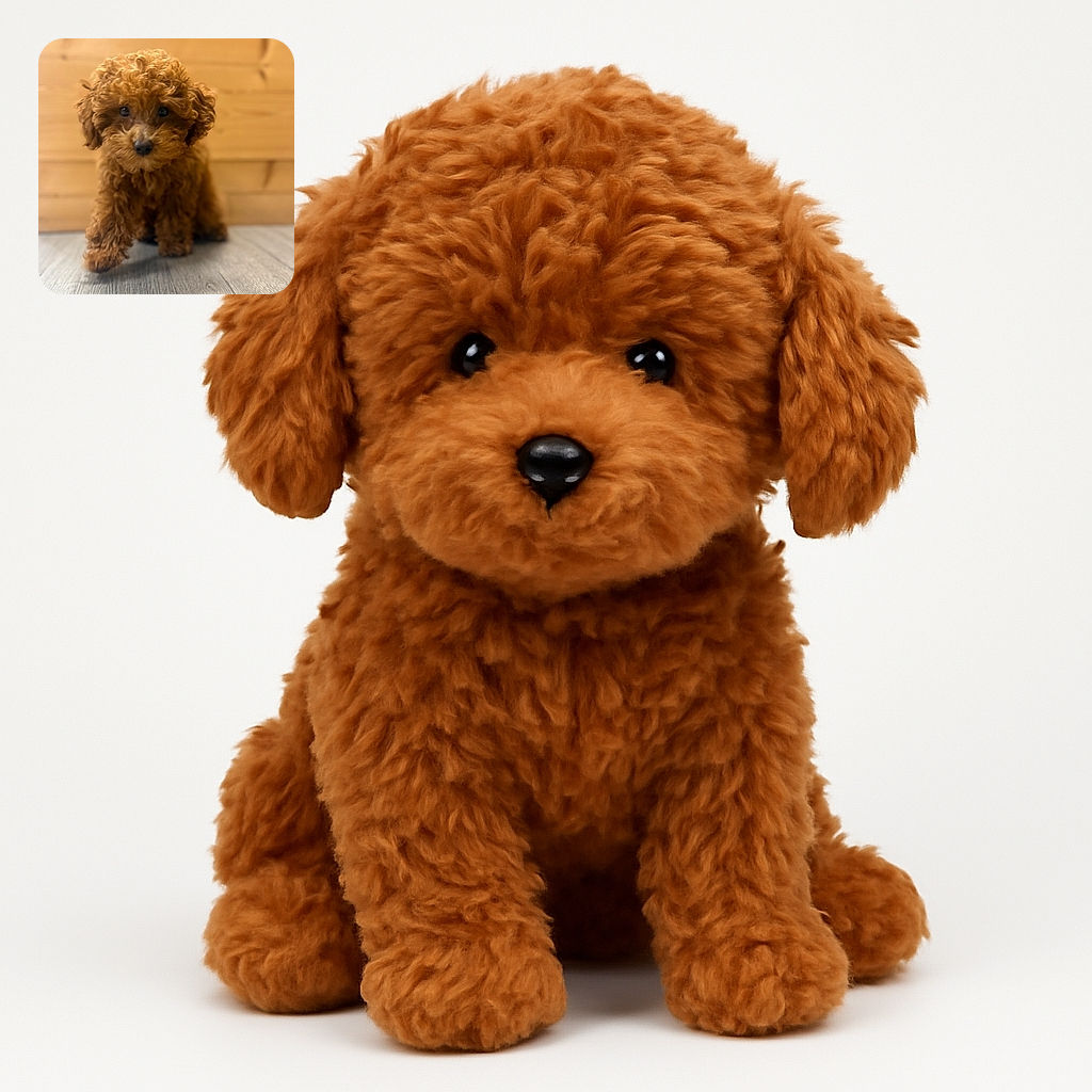 A fluffy brown puppy with big, soulful eyes is captured mid-step on a wooden floor against a warm wooden wall background. The soft focus and close-up perspective highlight the puppy's curly fur and adorable expression, creating a cozy and heartwarming scene.
