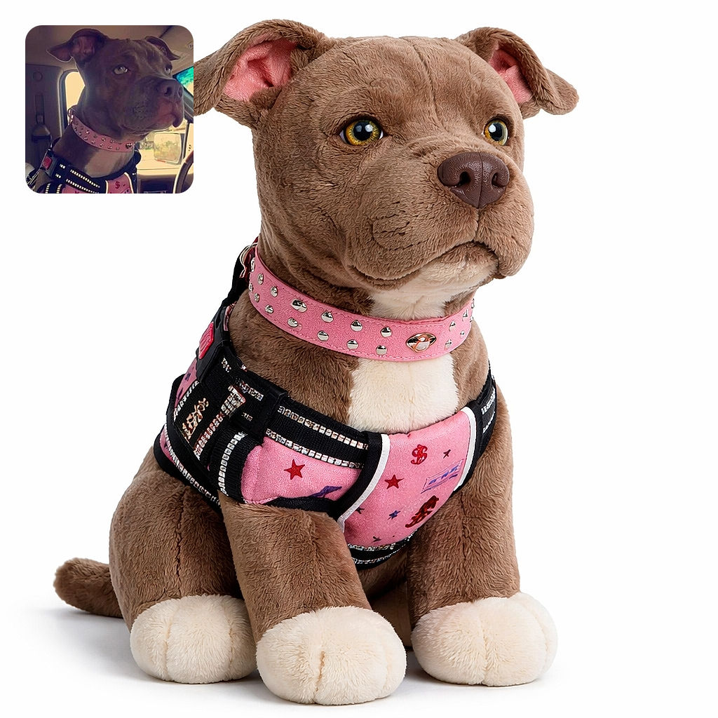 A serious-looking dog sporting a studded pink collar and a harness with reflective strips, sitting inside a vehicle with a focused gaze out the window, ready for an adventure or a drive.