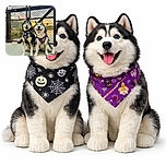 Two happy huskies sporting festive Halloween bandanas sit side by side on a bridge with a chain-link fence behind them, adorned with colorful locks. The golden sunset reflecting on the water adds a magical glow to the scene, making these dogs look like the ultimate spooky season models.