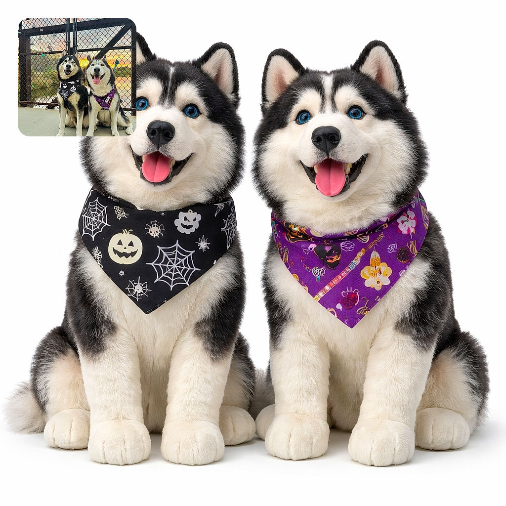 Two happy huskies sporting festive Halloween bandanas sit side by side on a bridge with a chain-link fence behind them, adorned with colorful locks. The golden sunset reflecting on the water adds a magical glow to the scene, making these dogs look like the ultimate spooky season models.