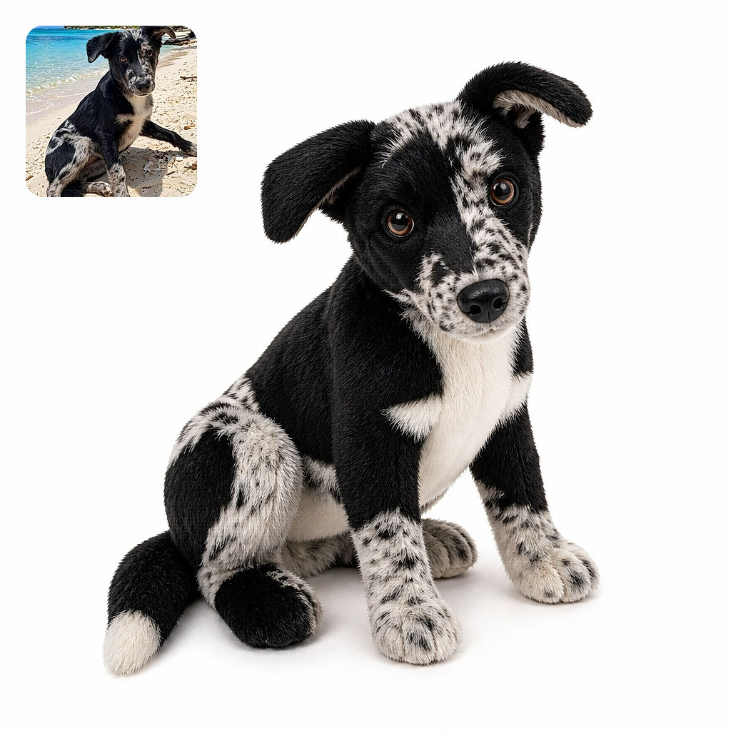 A bright-eyed black-and-white puppy sits on a tropical beach like it has just been promoted to lifeguard, with turquoise water, palm trees, and a suspiciously serious expression suggesting it is judging everyone’s sandcastle technique.