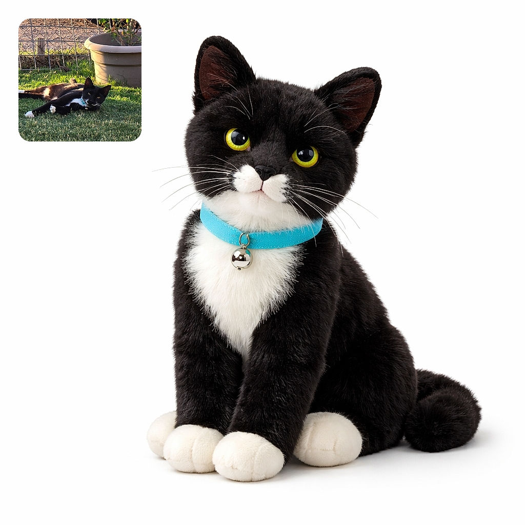 A sleek black and white cat lounges lazily on the grass in a sunny backyard, sporting a colorful collar and looking curiously at the camera. Behind it, a large beige plant pot with a small shrub and a wire fence add to the peaceful garden scene.