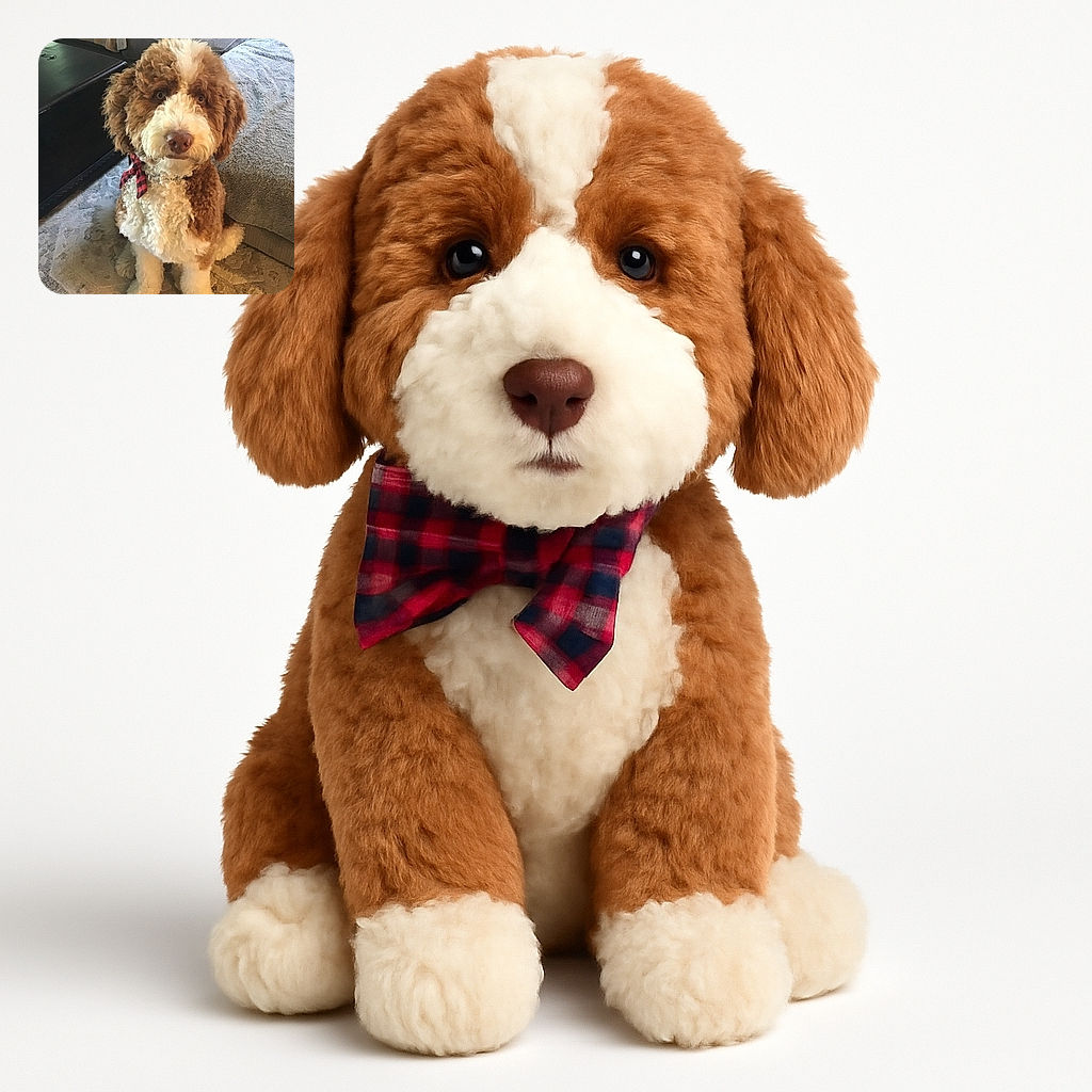 A fluffy, curly-haired dog with a red and black checkered bow around its neck sits attentively on a patterned rug next to a couch and a dark wooden table, looking up with big, soulful eyes as if waiting for a treat or a belly rub.