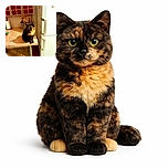 A charming tortoiseshell cat sits patiently on a kitchen counter, bathed in warm light with a cozy kitchen backdrop featuring a white refrigerator and red storage cubbies. The cat's curious eyes and shadow add character to this everyday domestic scene.