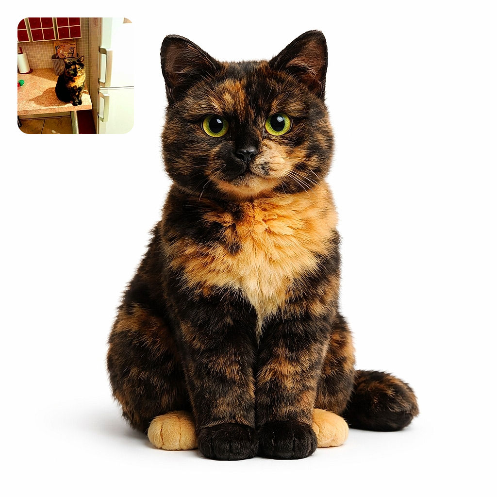 A charming tortoiseshell cat sits patiently on a kitchen counter, bathed in warm light with a cozy kitchen backdrop featuring a white refrigerator and red storage cubbies. The cat's curious eyes and shadow add character to this everyday domestic scene.