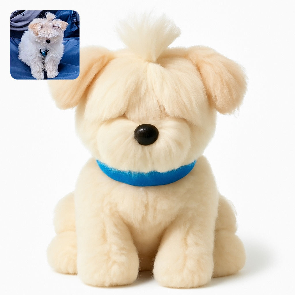 A fluffy white puppy with a cute little topknot sits patiently on a blue folding chair, looking adorably shy with its eyes hidden under a curtain of fur.