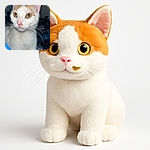 A close-up photo of a curious white and orange cat with striking golden eyes and long whiskers, captured against a dim indoor background with soft lighting highlighting its delicate features.