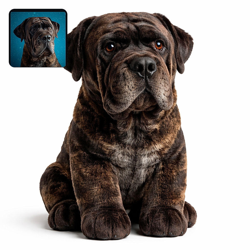A majestic brindle dog poses stoically against a cool blue winter wonderland backdrop with gentle snowflakes, looking like the noble guardian of snowy realms.