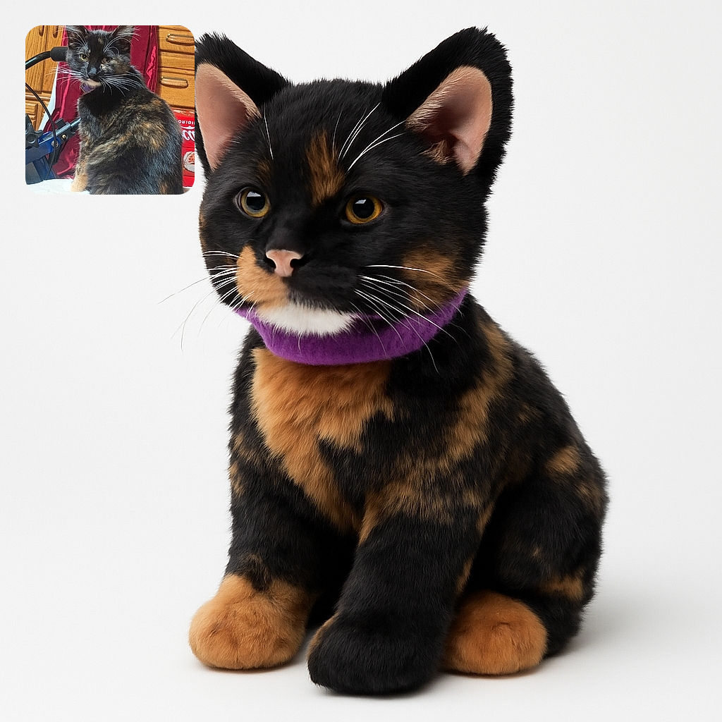 A fluffy tortoiseshell cat with striking white whiskers poses regally against a cozy indoor backdrop featuring wooden drawers and a red curtain, with a hint of holiday cheer from a Santa-themed box.