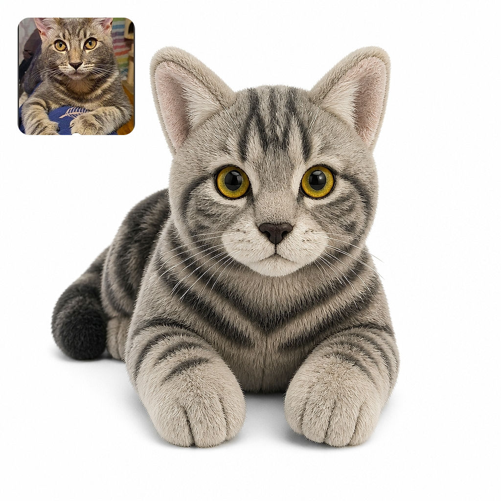 A wide-eyed tabby cat sits upright like a tiny furry office manager, paws proudly planted on blue fabric while staring into the camera as if it has just discovered the meaning of Mondays. The colorful striped background and crisp whiskers give the portrait a cozy, playful feel.