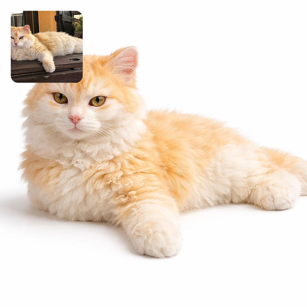 A fluffy cream and orange cat lounges majestically on a rustic wooden table outdoors, looking slightly unimpressed but undeniably regal. The background features a cozy patio with plants and a wooden door, adding a warm, homey vibe to the scene.