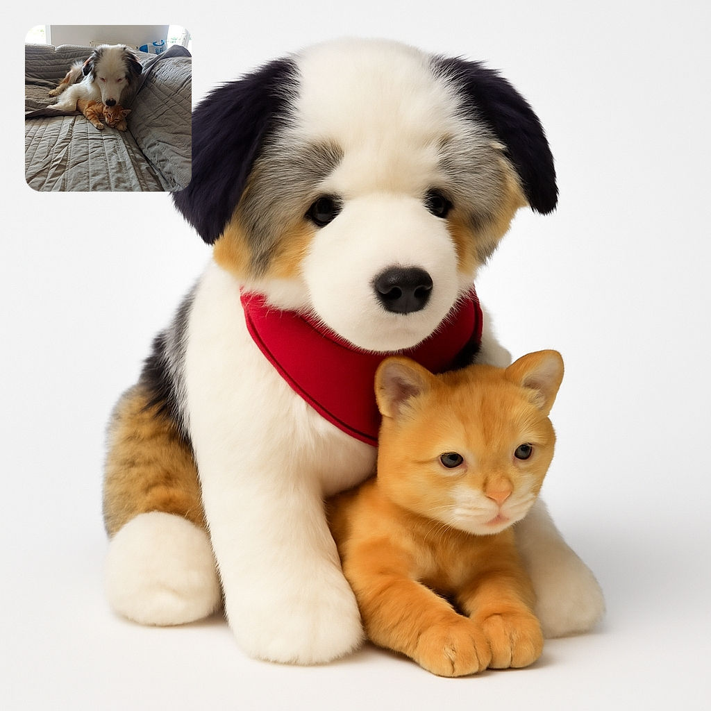 A fluffy dog gently cuddles a sleepy orange tabby kitten on a cozy gray quilted couch, creating a heartwarming scene of unexpected friendship and comfort in a softly lit room.