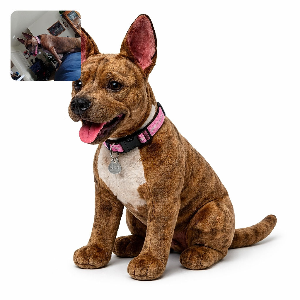 A playful brown dog with a pink collar stands on a blue surface indoors, tongue out and ears perked up, looking lively and curious. The background shows a cozy living room with furniture, plants, and wall art, adding a homey vibe to the scene.