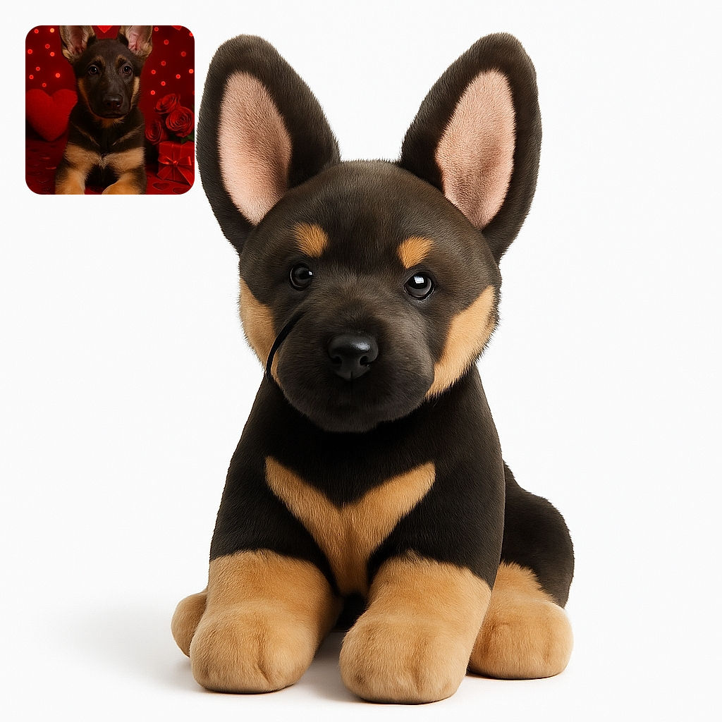 A charming German Shepherd puppy poses adorably amidst a romantic red backdrop decorated with heart-shaped lights, plush hearts, roses, and a gift box, creating a perfect Valentine's Day vibe.
