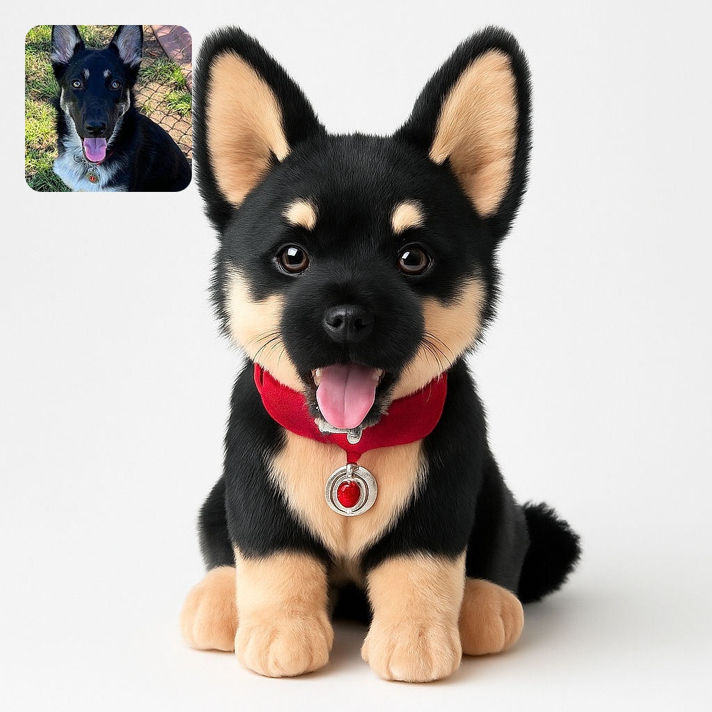 A happy German Shepherd dog with perky ears and a shiny coat sits outdoors on grass, tongue out and eyes bright, wearing a collar with an ESA tag, basking in the sunlight with a shadowy fence pattern in the background.