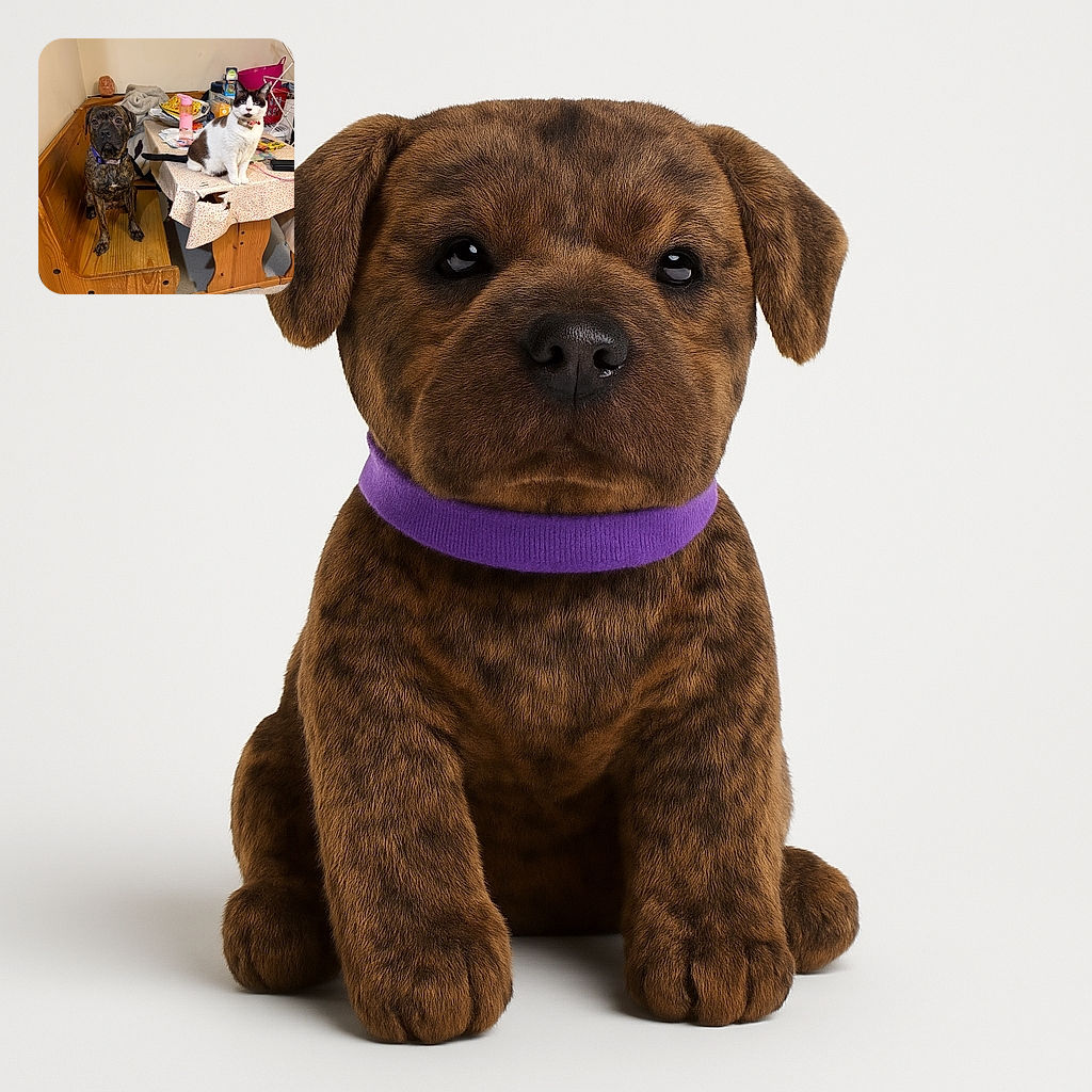 A curious brindle dog sits patiently on a wooden bench while a black and white cat confidently perches on a floral tablecloth-covered table with a noticeable tear. The background is a cozy kitchen corner cluttered with everyday items, adding a lived-in charm to the scene.