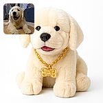 A fluffy golden retriever puppy lounges happily on a tiled floor, wearing a shiny gold chain with a bone-shaped tag. The cozy living room background features curtains, a couch, and a softly lit Christmas tree, adding a warm and festive vibe.