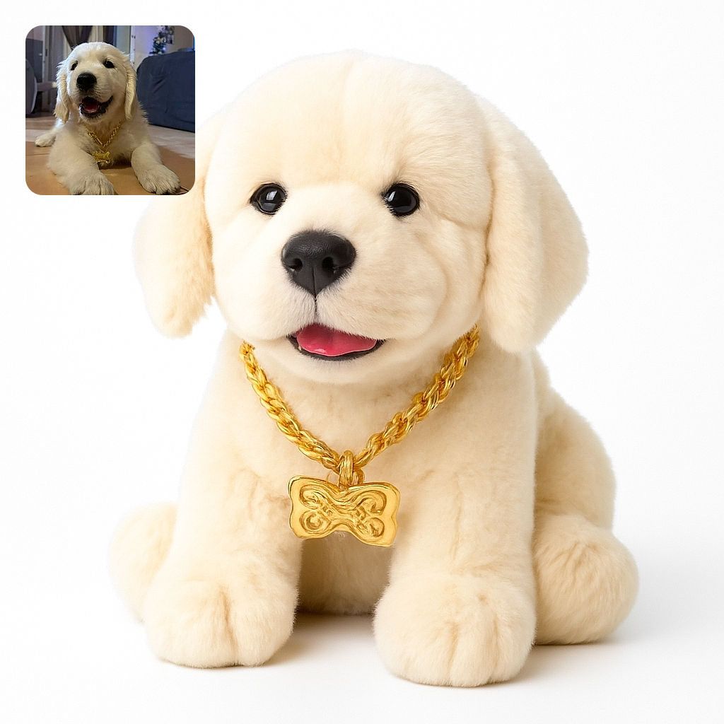 A fluffy golden retriever puppy lounges happily on a tiled floor, wearing a shiny gold chain with a bone-shaped tag. The cozy living room background features curtains, a couch, and a softly lit Christmas tree, adding a warm and festive vibe.