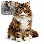A fluffy tabby cat confidently struts forward on a gravel path, tongue playfully sticking out as if it just tasted something interesting. The cat's thick fur and curious eyes make it look like the ruler of the neighborhood.
