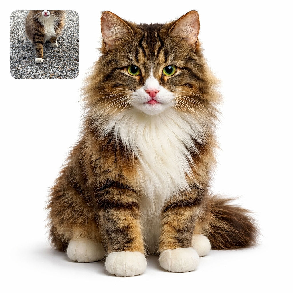 A fluffy tabby cat confidently struts forward on a gravel path, tongue playfully sticking out as if it just tasted something interesting. The cat's thick fur and curious eyes make it look like the ruler of the neighborhood.