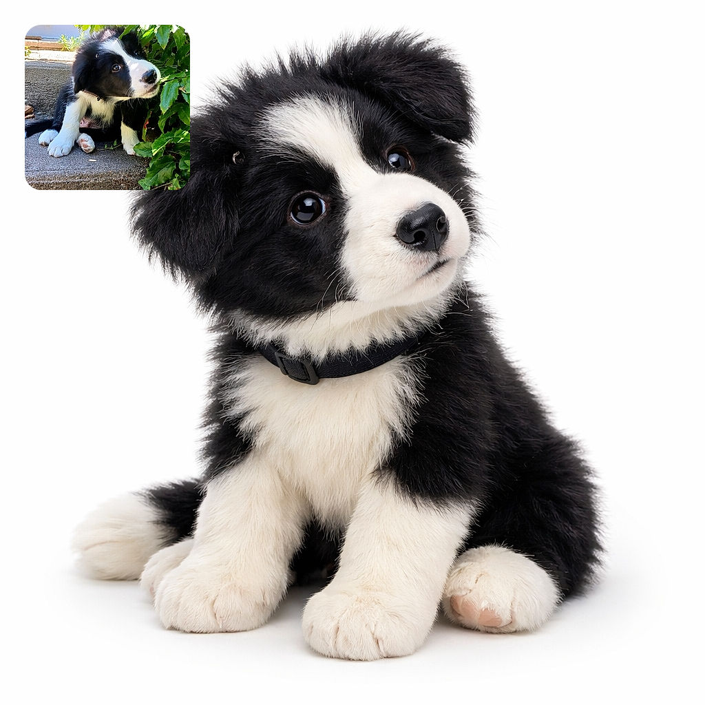A curious black and white puppy sitting on concrete steps, peeking out from behind lush green leaves with a slightly tilted head, capturing an innocent and playful moment in bright daylight.