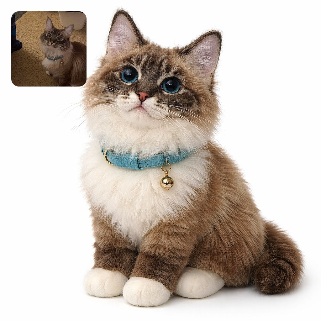 A wide-eyed floof looks up expectantly like you owe it snacks or an apology — blue collar jingling, whiskers on alert, sitting on carpeted territory with a trash bin and a skateboard wheel lurking in the background.