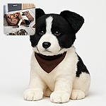 A cozy black and white puppy is sprawled out on a soft brown dog bed with a giraffe plush toy draped over its back, resting peacefully on a tiled floor near two shiny metal food bowls, all set against a backdrop of modern wooden cabinets.