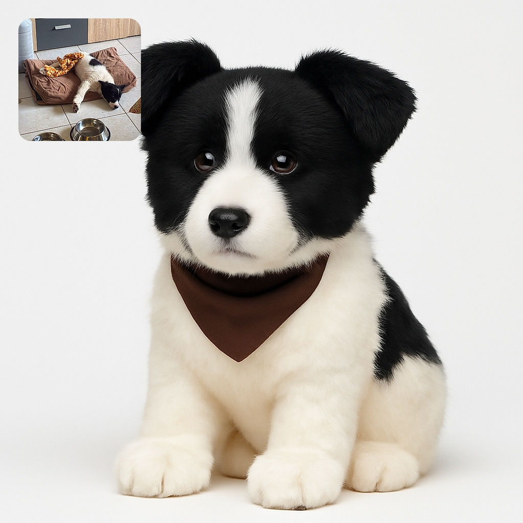A cozy black and white puppy is sprawled out on a soft brown dog bed with a giraffe plush toy draped over its back, resting peacefully on a tiled floor near two shiny metal food bowls, all set against a backdrop of modern wooden cabinets.