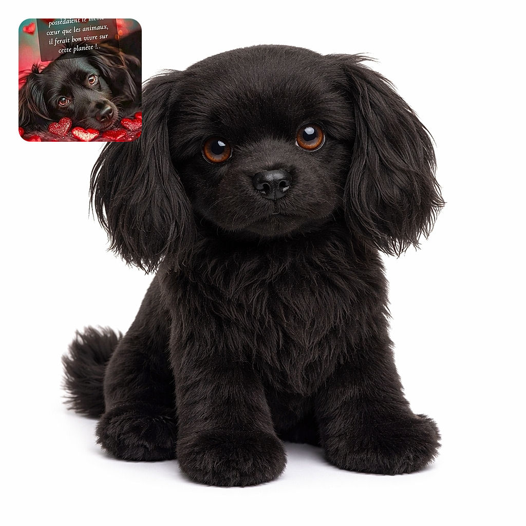 A soulful black dog lounges amid a blizzard of glittery red hearts while a French love message floats above — equal parts heart-melting and Instagram-perfect, the pup looks ready to accept valentines (and unlimited treats).