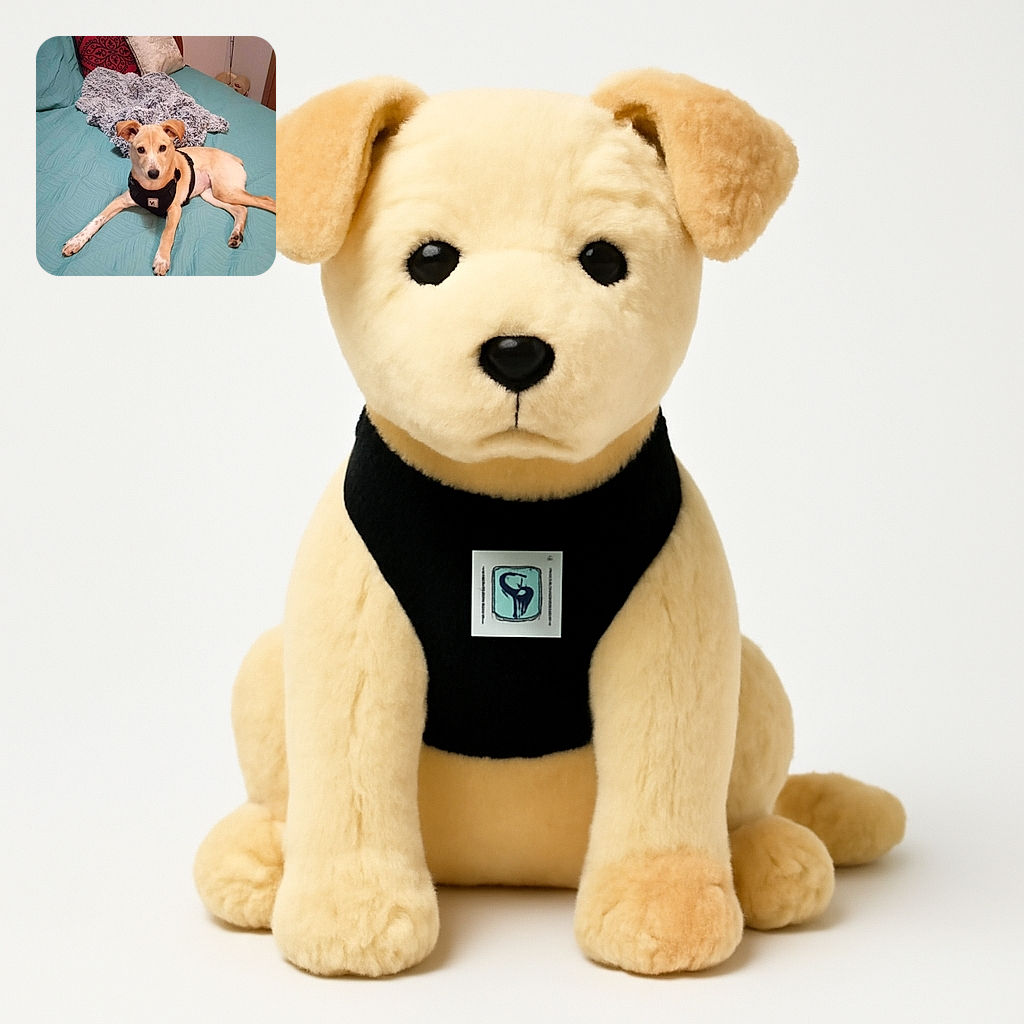 A cute tan dog with a black harness lounges comfortably on a teal bedspread, surrounded by cozy pillows and a fluffy blanket, with a bone-shaped chew toy just within paw's reach.