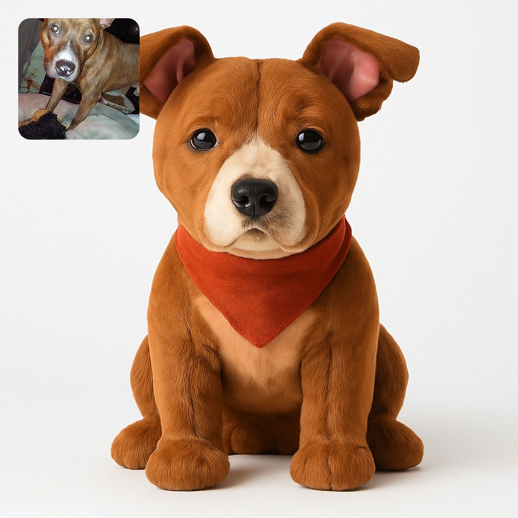 A curious dog with big ears and soulful eyes stares directly into the camera, standing on a soft blanket with a well-loved toy at its paws. The background is dimly lit with a bowl of dog food visible, capturing a cozy and candid moment.