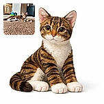 A relaxed tabby cat lounges on a carpeted floor in a cozy room, with kitchen cabinets and a small table in the background, soaking up the ambient light and looking curiously at the camera.