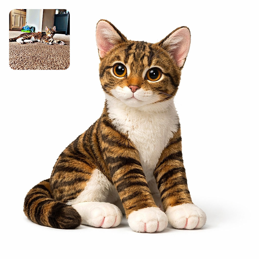 A relaxed tabby cat lounges on a carpeted floor in a cozy room, with kitchen cabinets and a small table in the background, soaking up the ambient light and looking curiously at the camera.