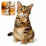 A striking tabby cat sits upright on a wooden floor with one paw raised, as if mid-wave or about to high-five. The warm tones of the wooden cabinets and floor complement the cat's striped fur, creating a cozy indoor scene.