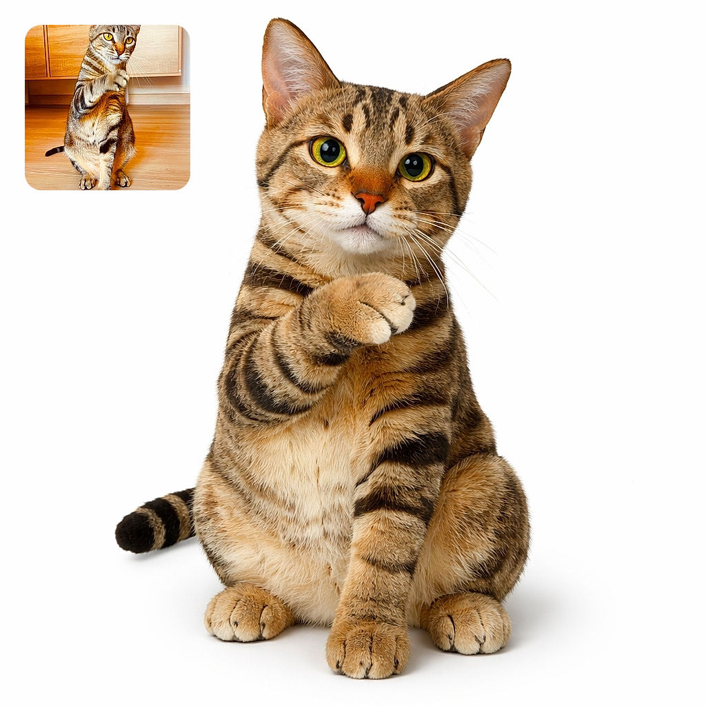 A striking tabby cat sits upright on a wooden floor with one paw raised, as if mid-wave or about to high-five. The warm tones of the wooden cabinets and floor complement the cat's striped fur, creating a cozy indoor scene.