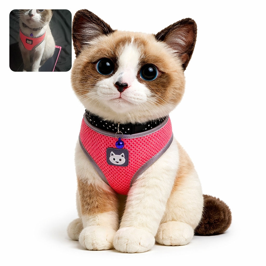 A wide-eyed snowpoint cat in a bright pink harness and purple bell sits regally on a pink-edged tablet, staring up with the kind of curious expression that says 'feed me' and 'also admire my whiskers.'