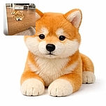 A fluffy dog lies flat on a wooden floor, looking adorably tired or contemplative. The background shows a TV stand, a fan, and some household items, giving a cozy home vibe. The dog's relaxed pose and soft fur invite a warm, calm feeling.