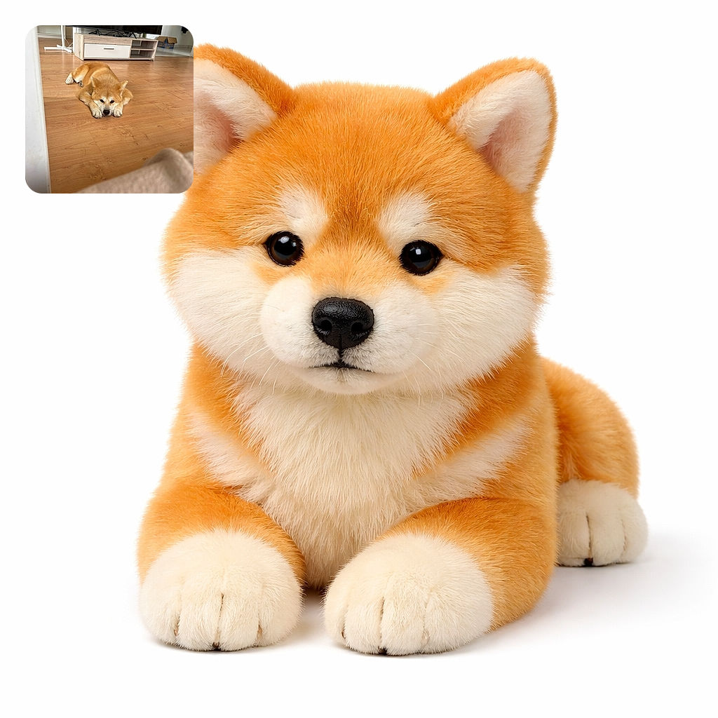 A fluffy dog lies flat on a wooden floor, looking adorably tired or contemplative. The background shows a TV stand, a fan, and some household items, giving a cozy home vibe. The dog's relaxed pose and soft fur invite a warm, calm feeling.
