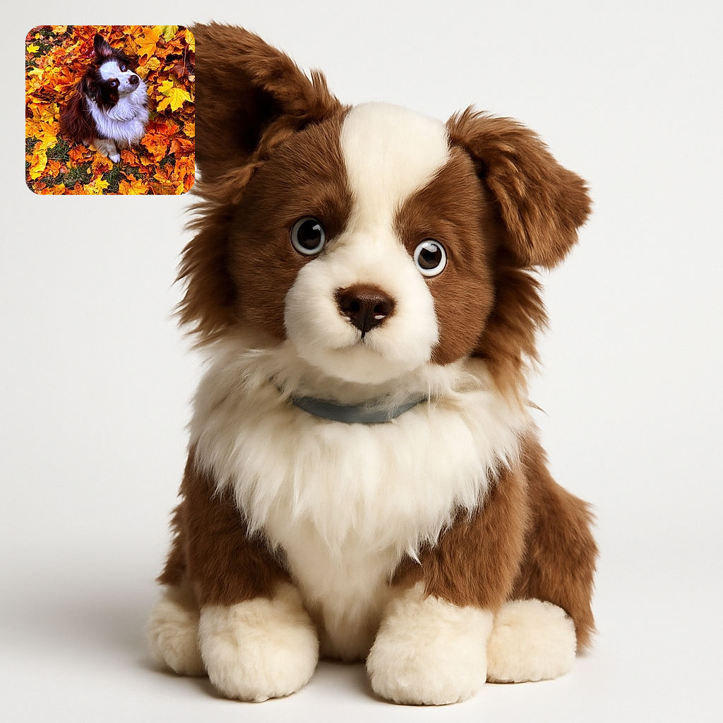 A fluffy dog with striking blue eyes sits amidst a vibrant carpet of autumn leaves, looking up with a curious and adorable expression, blending perfectly with the warm hues of fall.