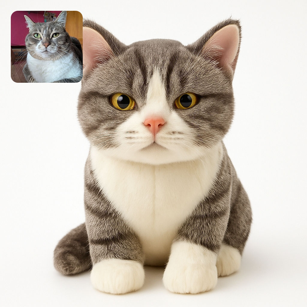 A majestic gray and white cat with striking green eyes lounges on a wooden surface, staring directly into the camera with a calm and confident expression, set against a cozy indoor backdrop featuring a reddish wall and wooden furniture.