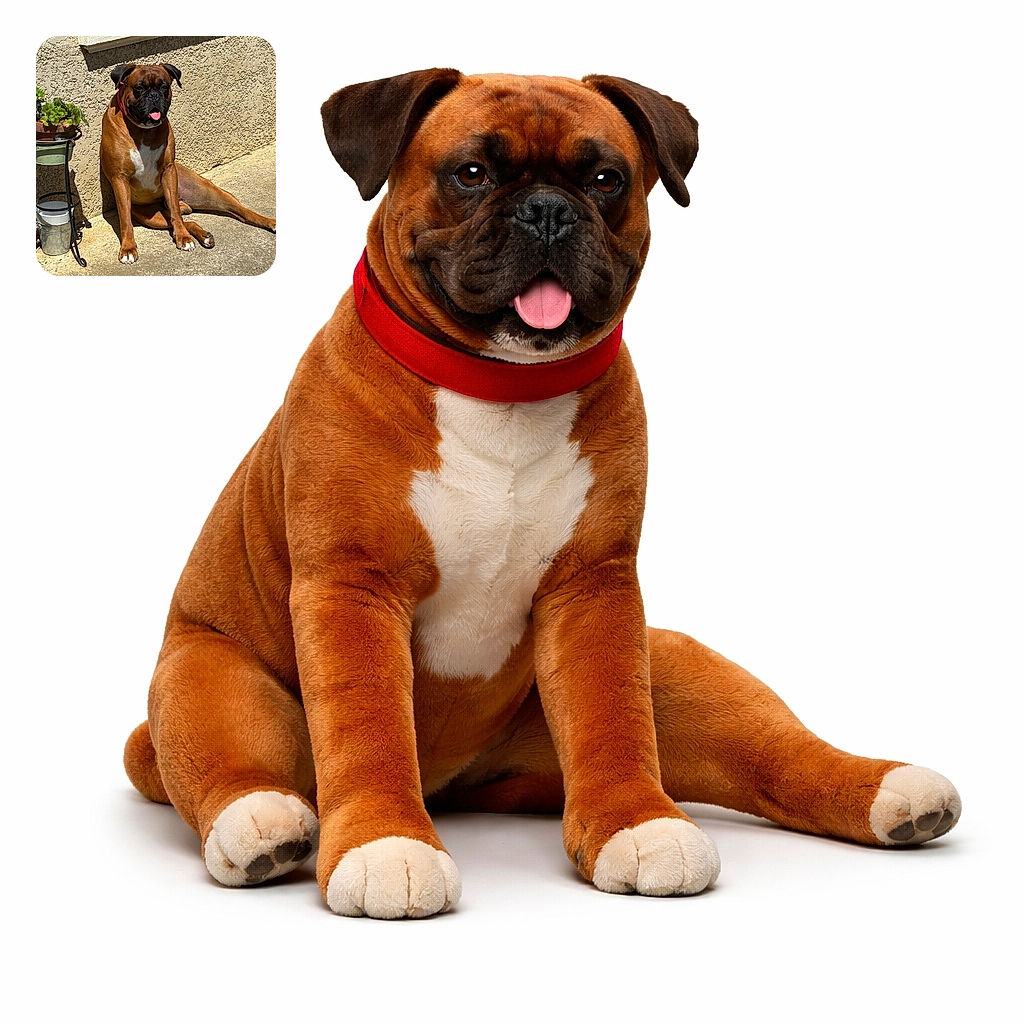 A relaxed brown boxer dog is sunbathing against a textured beige wall, tongue out in contentment, with a small plant stand and pots to its side, basking in the warm sunlight on a concrete patio.