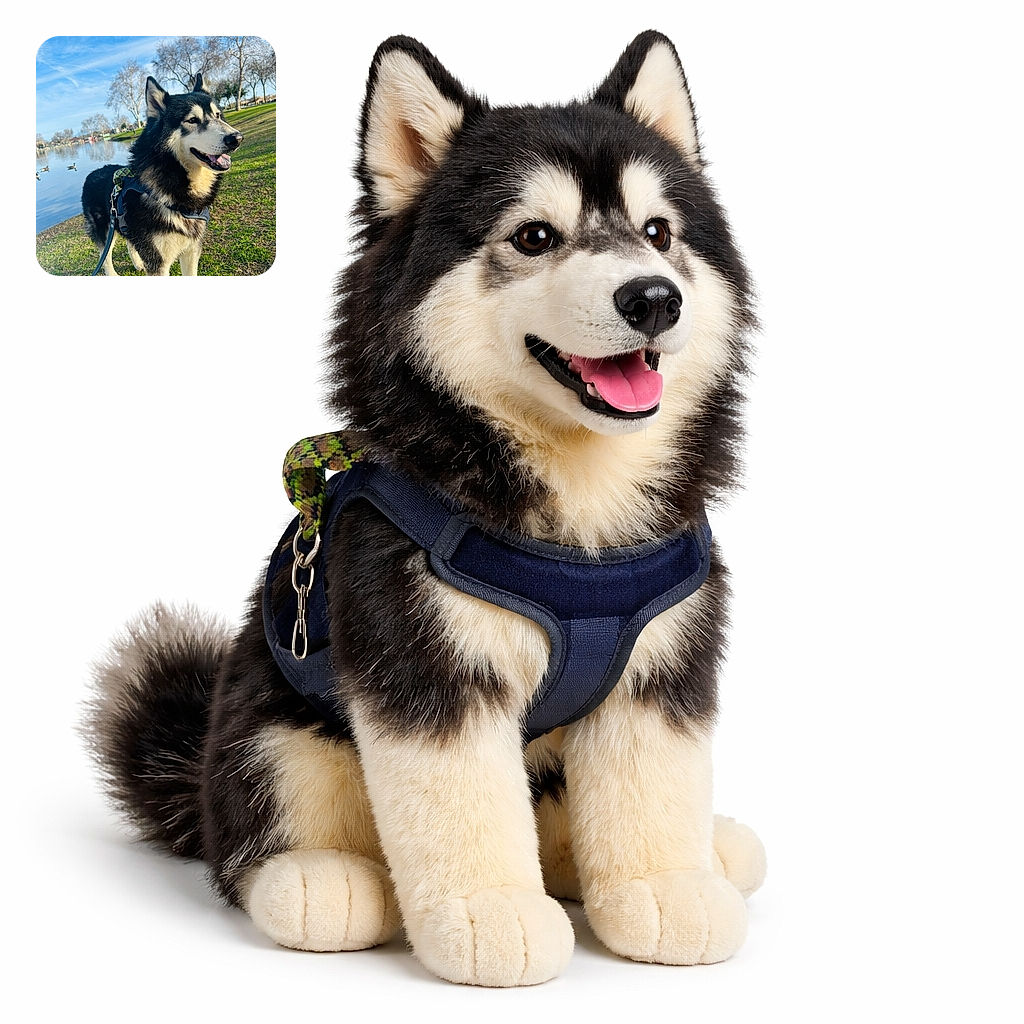 A majestic black and white dog, possibly a Husky or Malamute, stands proudly on a grassy patch near a serene lake under a bright blue sky with wispy clouds. The dog wears a harness and leash, looking off to the side with a happy, relaxed expression. In the background, leafless trees and a few ducks swimming add to the peaceful park setting.