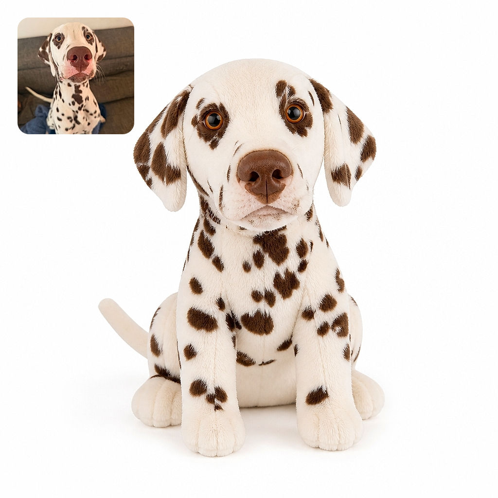 A spotted Dalmatian sits proudly on a blue blanket, leaning toward the camera with a nose so enormous it looks ready to boop the entire room. Its soulful eyes say it has definitely heard the snack drawer open.