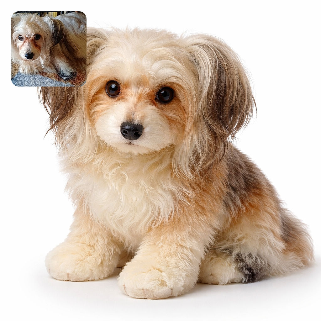 A fluffy dog with big, soulful eyes lounges comfortably on a patterned blanket, looking straight at the camera with an expression that says, 'Did you bring treats or what?' Its long, silky fur and adorable ears make it the star of this cozy indoor snapshot.