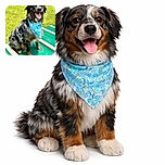 A happy dog wearing a colorful blue bandana sits proudly on a green platform outdoors with a sunlit grassy background, tongue out and looking ready for an adventure.